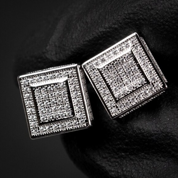 White Gold Plated Hip Hop Small Halo Screw Back Iced Cz Mens Square Earrings - Picture 1 of 5